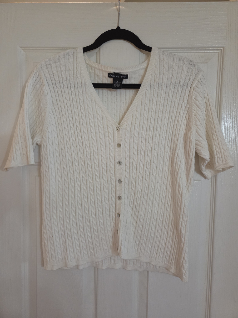 Talbots Cream Cable-Knit Short Sleeve Button Cardigan